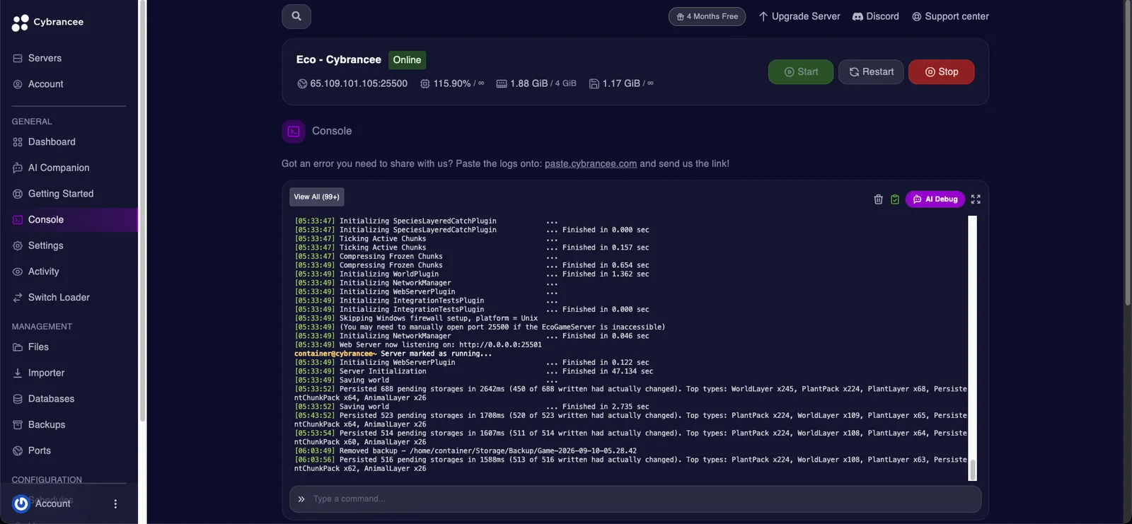 Servidor de videojuegos funcionando con sus registros