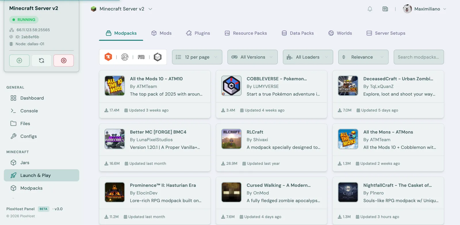Instalador de modpacks de Minecraft en PloxHost